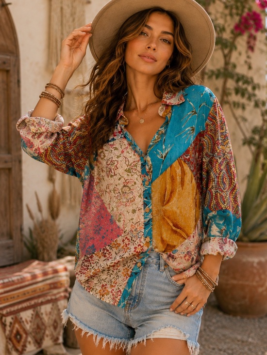 Sacred Threads Tops - Sacred Threads Patchwork Boho Button Up Blouse Artsy Festival Top Size S